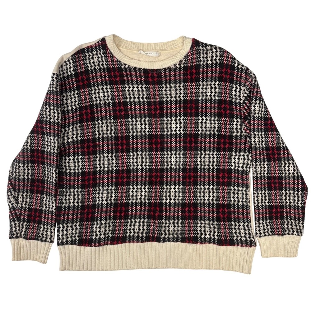 Mango Red Black Plaid Knit Sweater Womens M Crewneck Preppy Holiday